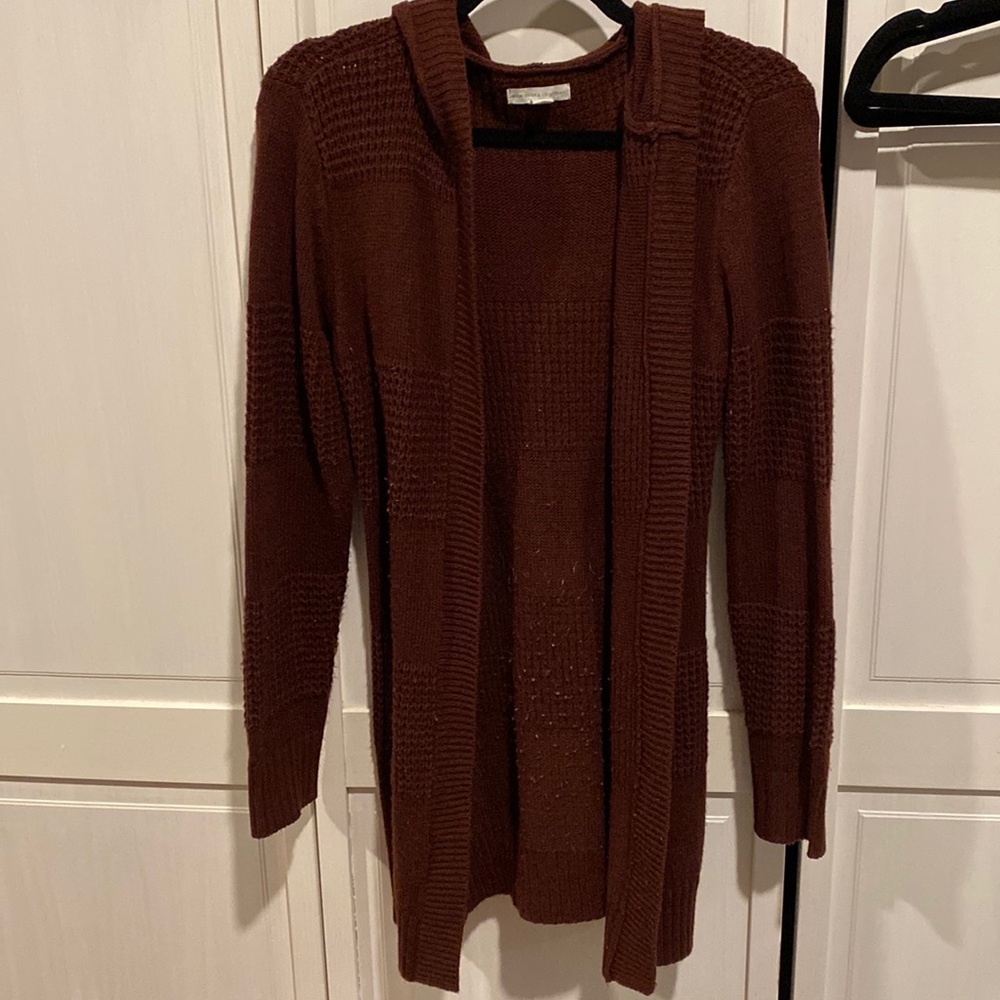 Burgundy knit hooded cardigan